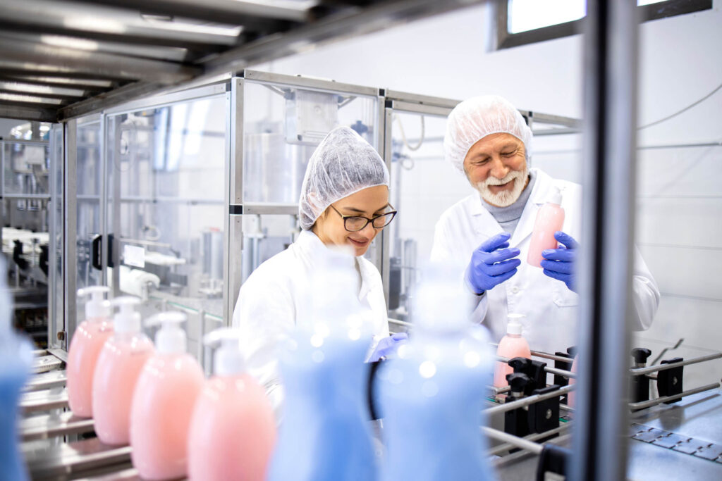 Working together in chemicals factory manufacturing cleaning sup in cleaning chemicals UK