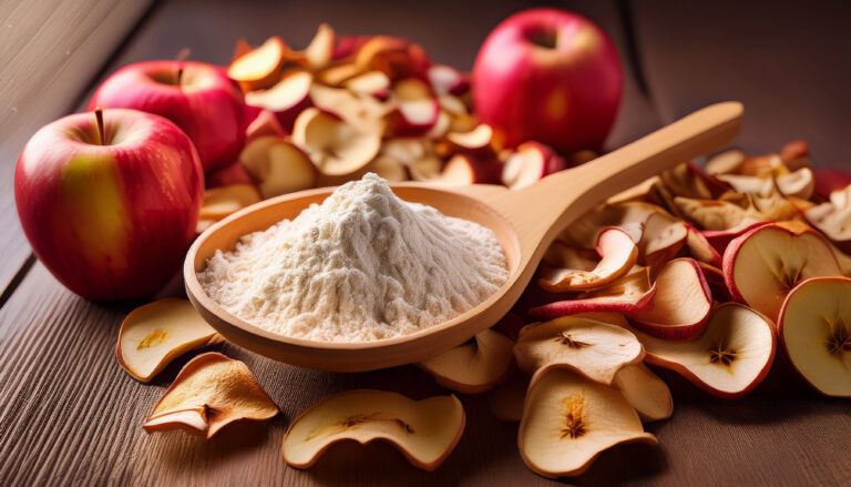 apple flour in a wooden spoon on a background of dried apples apple pectin powder in cleaning chemicals UK
